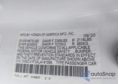 2020 Honda Accord Sport z USA, uszkodzony, nr VIN 1HGCV1F3XLA141566